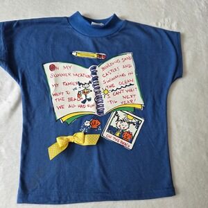 Vintage Back To School "On Summer Vacation" Shirt Graphic Blue USA Girl 4t Bow